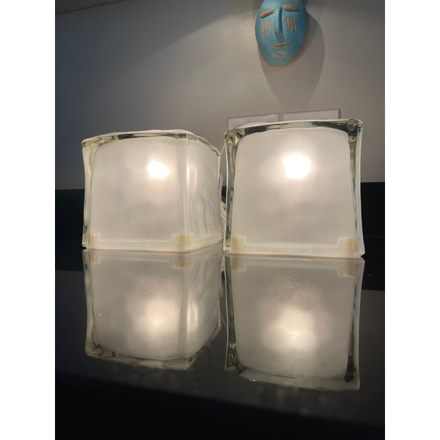 2000 - 2009 Postmodern Swedish Ice Block Cube Lamps Satin Glass Set of 2 For Sale - Image 5 of 12