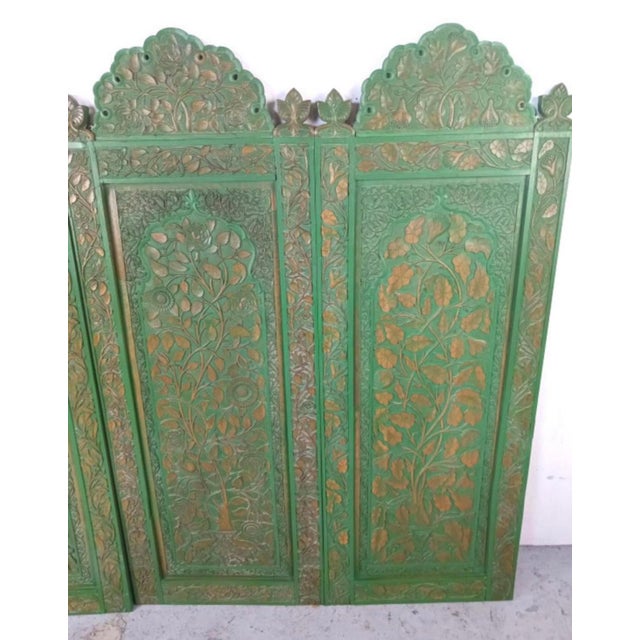 1930s Four Carved Indian Style Wooden Panels in Green For Sale - Image 4 of 6