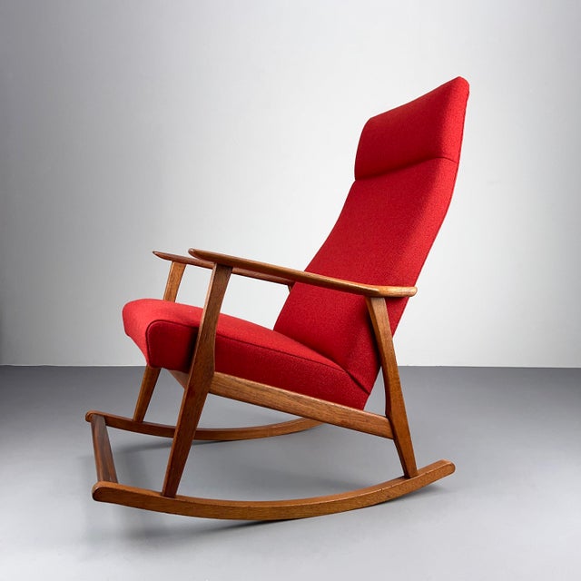 Brown Mid-Century Modern Teak Rocking Chair with Rust-Red Wool, 1960s For Sale - Image 8 of 9