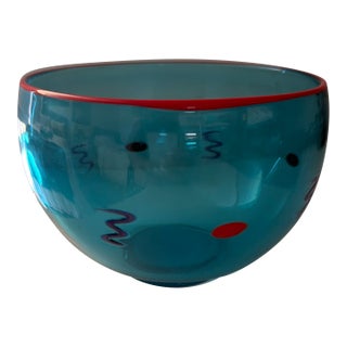Vintage Antonio Garcia Signed Small Bowl in Blue With Red Rim and Dots and Purple ZigZags For Sale