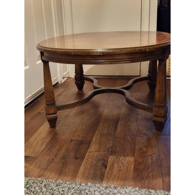 Heritage 1950s Vintage Heritage / Heritage-Henredon Oval Parquet Coffee Table - Walnut Veneer, Stretcher Base For Sale - Image 4 of 7