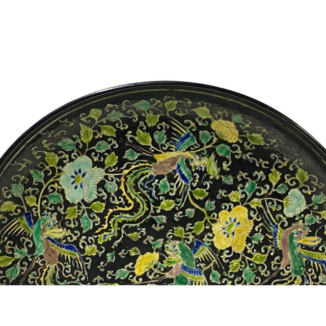 1980s Vintage Chinese Black Base Mixed Color Phoenix Graphic Porcelain Plate Display For Sale - Image 5 of 9