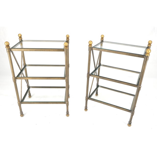1970s Pair Metal X Base 3 Tier Glass Shelves Ball Finials 12x18 Side End Lamp Tables For Sale - Image 5 of 10