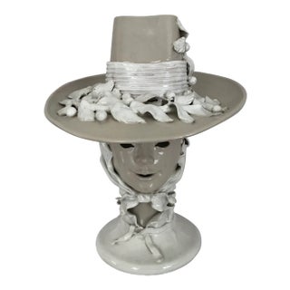 Vintage Glazed Pottery Woman Wearing a Hat Sculpture For Sale