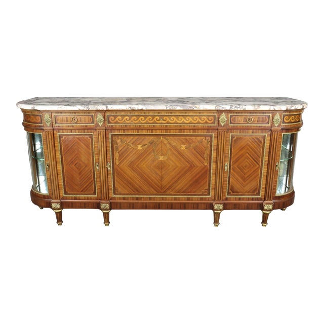 Monumental Satinwood Inlaid Kingwood Marble Top Sideboard Signed Maison Krieger For Sale