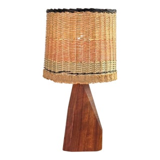 1970s Sculptural Hawaiian Koa Wood Lamp With Custom Rattan Shade For Sale