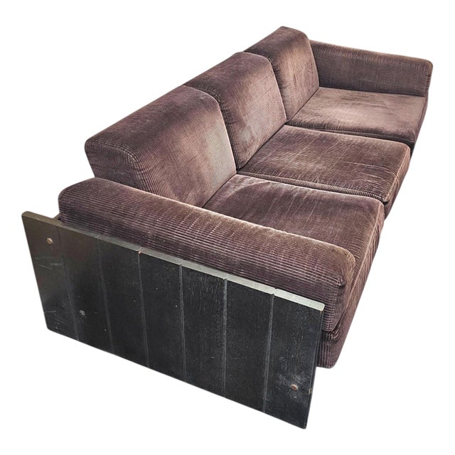 Industrial Three Seater Sofa with Wooden Frame and Cushions in Dark Brown Corduroy, 1970s For Sale