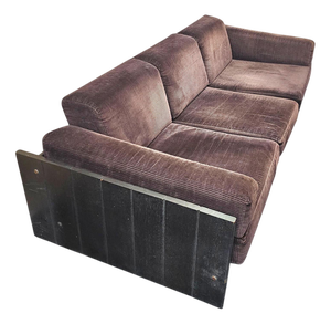 Industrial Three Seater Sofa with Wooden Frame and Cushions in Dark Brown Corduroy, 1970s