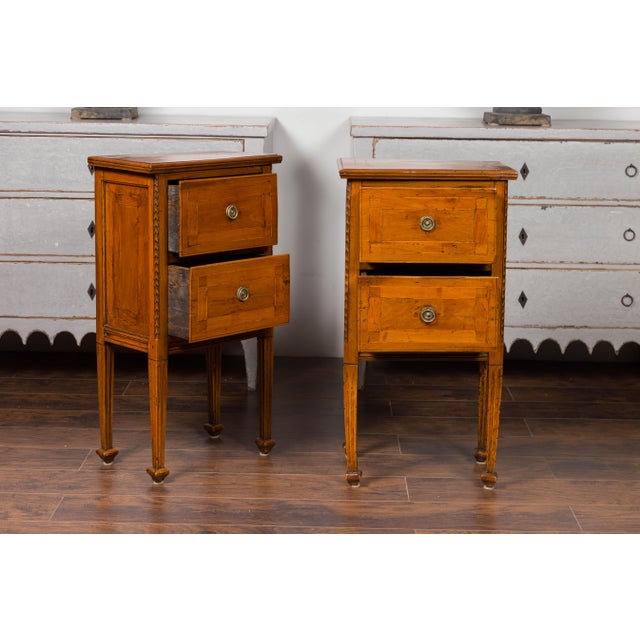 Pair of 1820s Italian Neoclassical Carved Walnut Bedside Tables with Banding For Sale - Image 10 of 12
