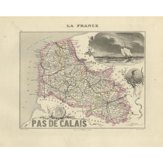 Antique Map of Pas-De-Calais by Vuillemin, 1850 For Sale - Image 3 of 10