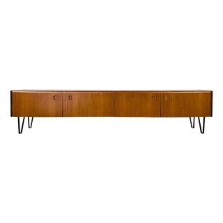 Low Scandinavian Teak Sideboard with Metal Compass Legs, 1960 For Sale