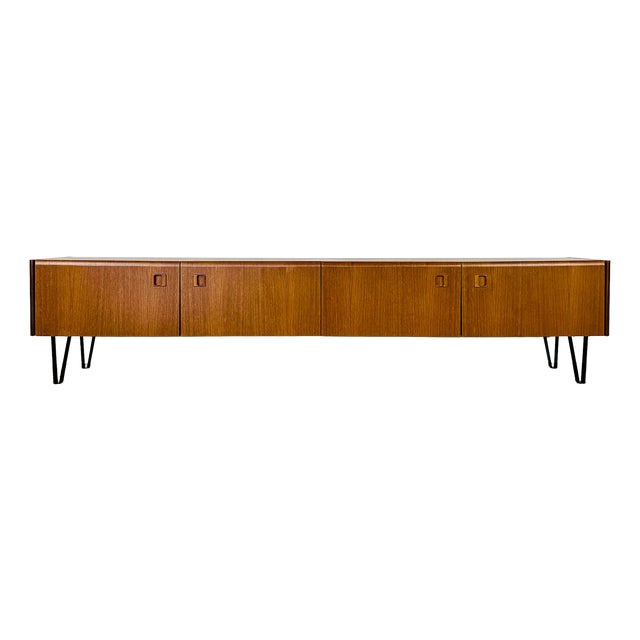 Low Scandinavian Teak Sideboard with Metal Compass Legs, 1960 For Sale