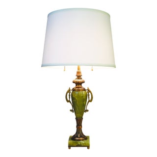 Mutual Sunset Lamp Co. French Empire Deco Neoclassical Green Onyx Marble Bronze Brass Table Lamps 1930's For Sale