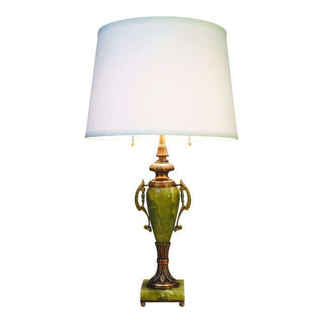 Mutual Sunset Lamp Co. French Empire Deco Neoclassical Green Onyx Marble Bronze Brass Table Lamps 1930's For Sale