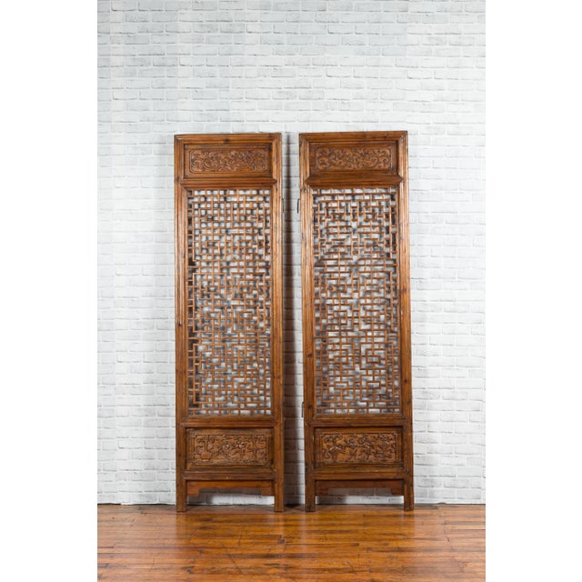 Chinese 19th Century Screens with Fretwork and Low-Relief Carved Panels - A Pair For Sale - Image 10 of 12