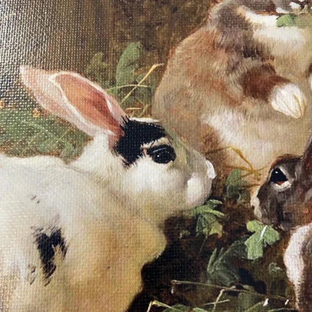Early American Farmyard Rabbits Framed Oil Painting Print on Canvas in Black Wood Frame Chairish