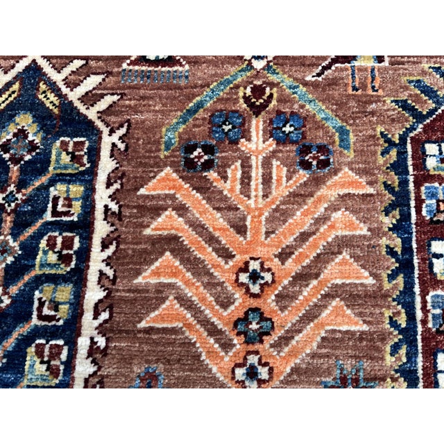 Terra Cotta Kazak Style Handmade Wool Runner Rug in Terracotta and Blue For Sale - Image 8 of 9
