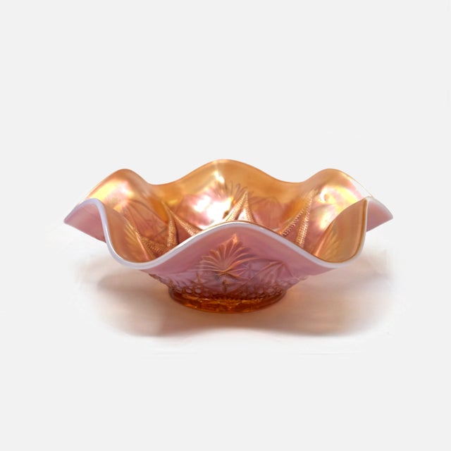Early 20th Century Vintage Dugan Ski Star Peach Opalescent Carnival Glass Ruffled Bowl For Sale - Image 5 of 8