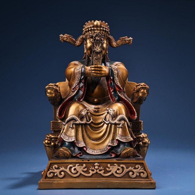 This is a magnificent vintage Chinese gilt bronze statue of a high-ranking deity, likely the Dragon King (Guangji...