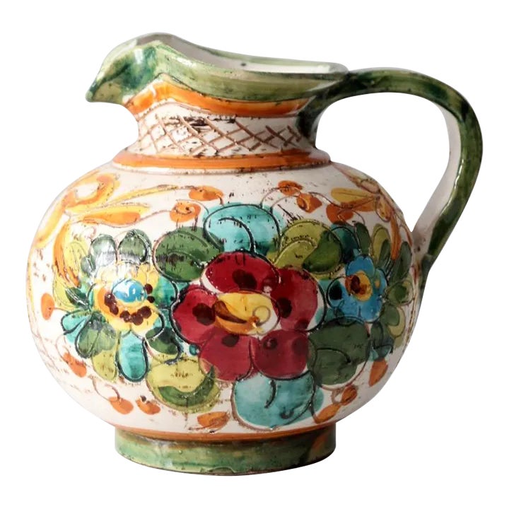 Vintage Sgraffito Majolica Pottery Pitcher | Chairish