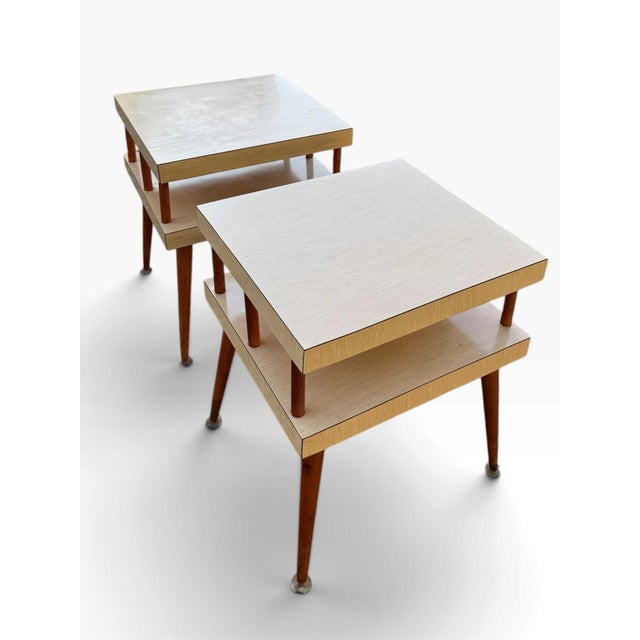 Vintage MCM End Tables Pair Two Tier Formica Tapered Legs Brass Feet For Sale - Image 4 of 8