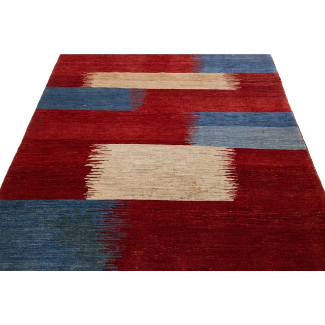 Abstract Red Modern Handmade Shouli Gabbeh Persian Wool Rug With Abstract Motif For Sale - Image 3 of 10