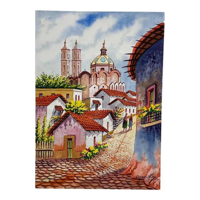 1997 Vintage Art Original Watercolor Cobblestone Village #1 by Carrillo For Sale