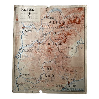 Vintage Double-Sided School Map of The Alps / the Pyrenees, 1950s For Sale