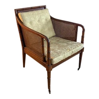 Mid Century Hickory Furniture Caned, Carved Faux Bamboo Club Chair, Signed For Sale