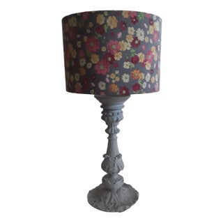 Vintage Table Lamp with Gray-Blue Lime Wood Base and Colored and Handcrafted Fabric Shade from Lamplove, 1980s For Sale