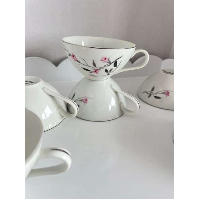 1950s Vintage 8-Piece Set of Cherry Blossom Flat Coffee Tea Cups Sakura Pink Gray For Sale - Image 5 of 12