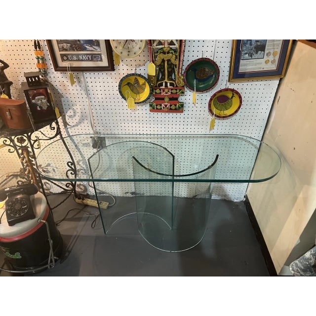 Absolutely beautiful!!! Vintage Mid-Century Modern Curved Glass Oval Console Table Dual Pedestal Bases. Very good vintage...