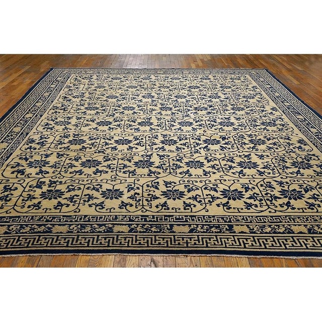 Textile 1890s Ivory Background Geometric Blue Floral Design Antique Chinese Peking Rug For Sale - Image 7 of 8
