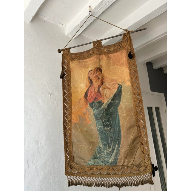 19th Century Italian Religious Banner Mary Jesus Oliograph With Tassels For Sale - Image 9 of 9