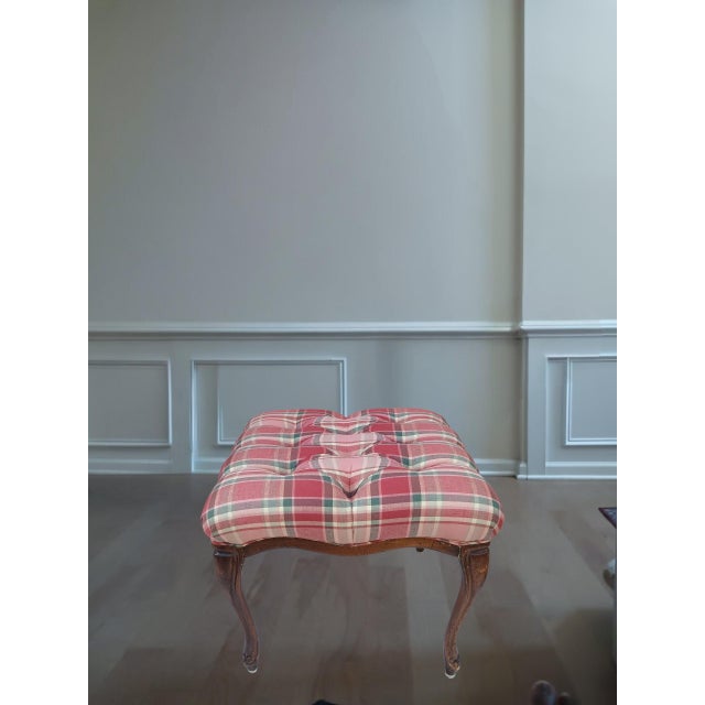 Vintage Walnut French Provincial Armchair & Ottoman Set in Rich Plaid Upholstery For Sale - Image 10 of 12
