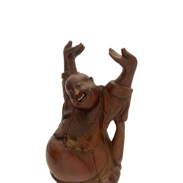 Late 20th Century Buddha Sculpture Carved Wood With Inlaid Eyes and Teeth Vintage Chinese Wealth Figure For Sale - Image 4 of 9