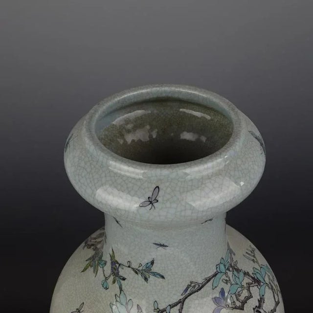 Chinese Chinese Vintage Porcelain Vase Qing Dynasty Qianlong Marked Crackle Glaze Famille Verte Porcelain Vase Hand Painted Flowers and Birds Pattern For Sale - Image 3 of 8