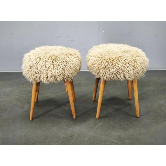 Wood Mid-Century Sheepskin and Beechwood Stools, 1950s, Set of 2 For Sale - Image 7 of 8
