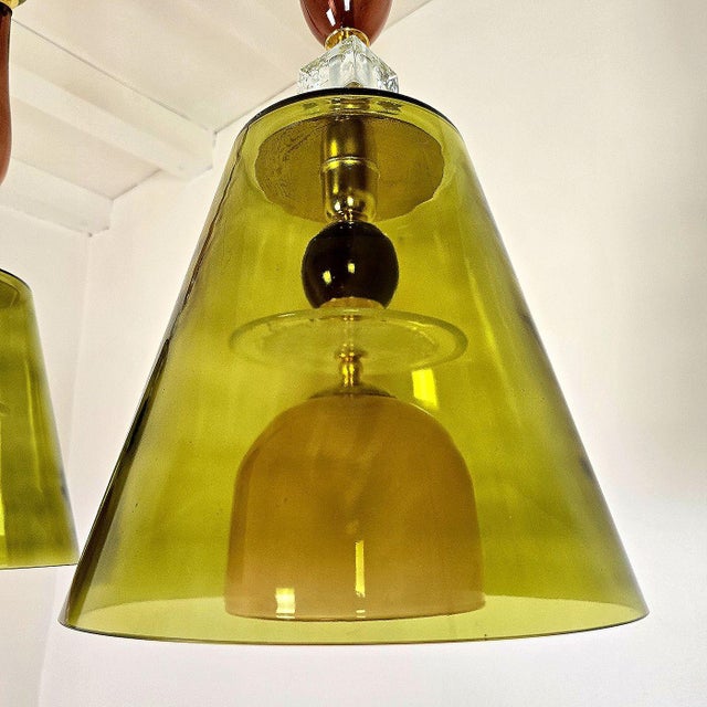 Olive Green, Mid Century Modern, Murano Glass Pendant Lights - a Pair For Sale - Image 9 of 14