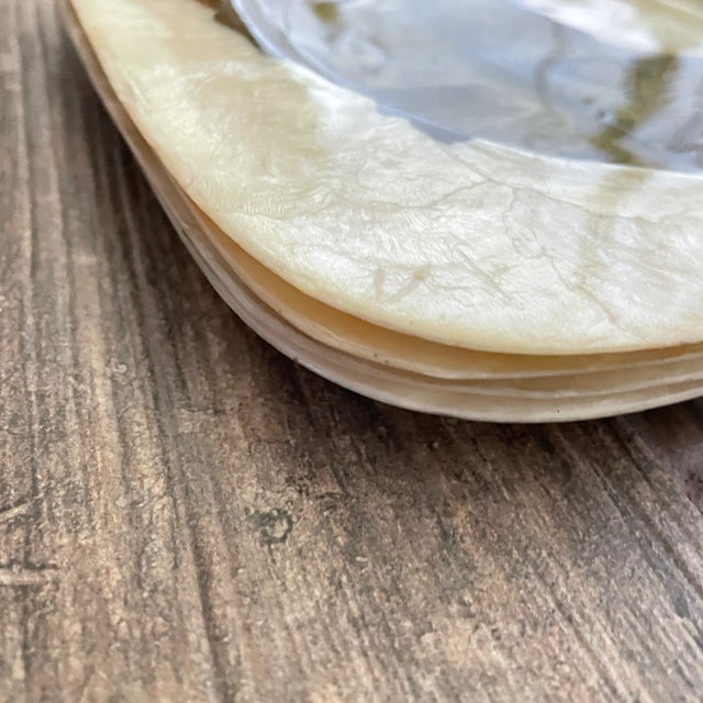 Vintage Capiz Shell Square Plates With Green Banana Palm- Set of 4 For Sale In Nashville - Image 6 of 7