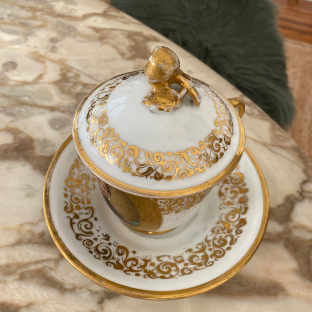 French 19th Century Antique Old Paris Porcelain Portrait Covered Cup and Saucer Set- 3 Pieces For Sale - Image 3 of 10