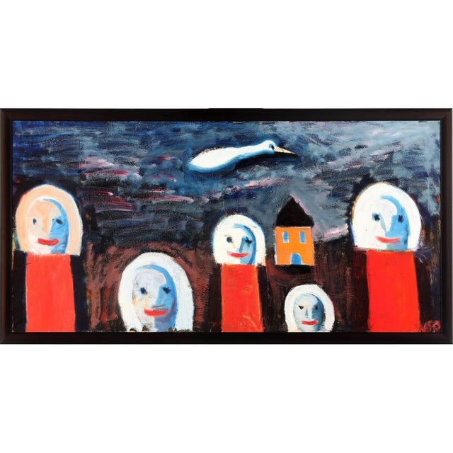Modern Wiliam Skotte Olsen, Figures, Houses and Birds, Oil on Canvas For Sale - Image 3 of 3
