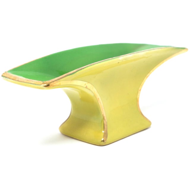 1960s Mid-Century Modern Chartreuse & Green Ceramic Footed Bowl With Gilt Trim For Sale - Image 5 of 7