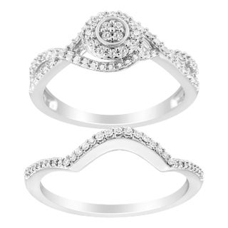 .925 Sterling Silver 1/6 Cttw Diamond Composite Halo and Split Shank Bridal Set Ring and Band (I-J Color, I3 Clarity) - Size 9 For Sale