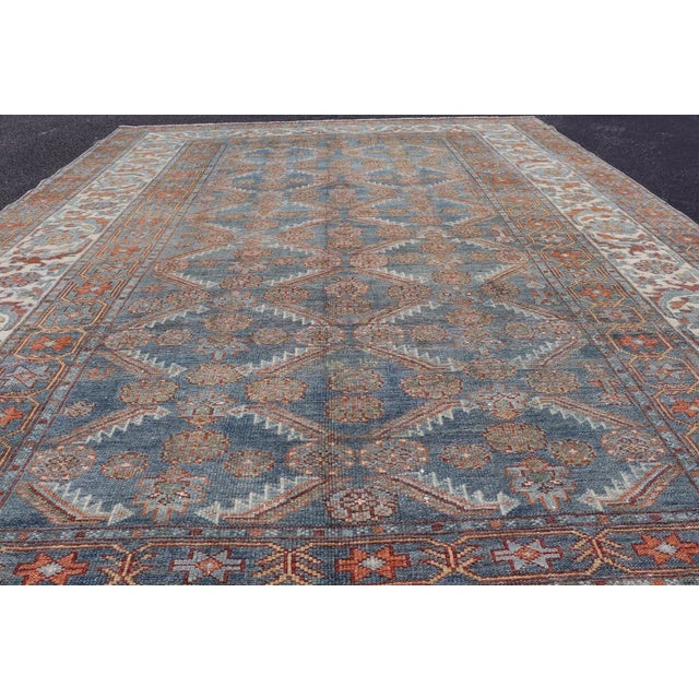 Tribal Antique Persian Malayer Rug With Repeating Geometric Motifs in Blue and Rust Tones 6'10"x9'1" For Sale - Image 3 of 10