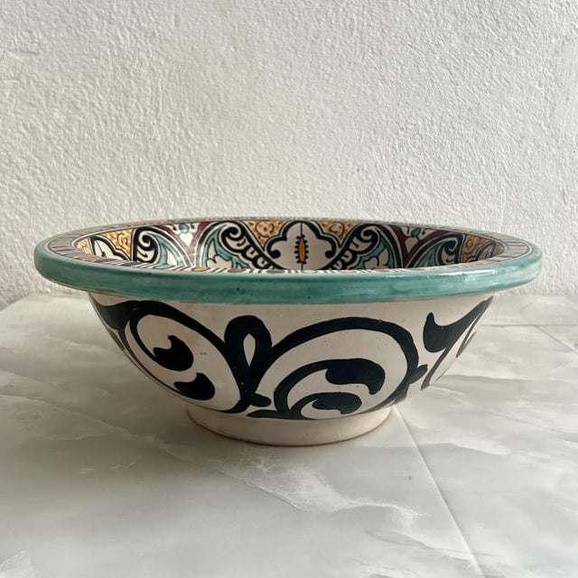 Artistic Moroccan Sink Bowl Vessel Washbasin, Round With Brass Drain For Sale - Image 4 of 9