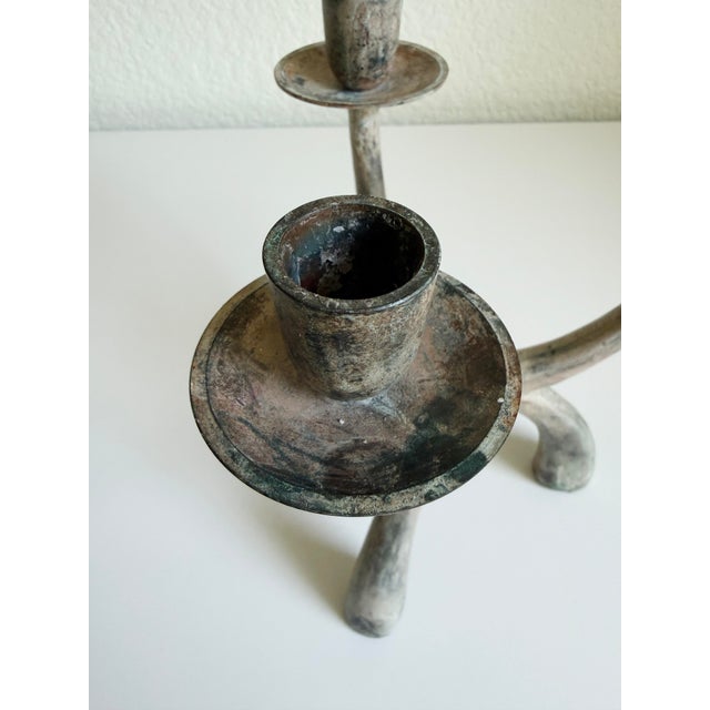 Metal Brutalist Verdigris 3-Arm Candelabra For Sale - Image 7 of 12