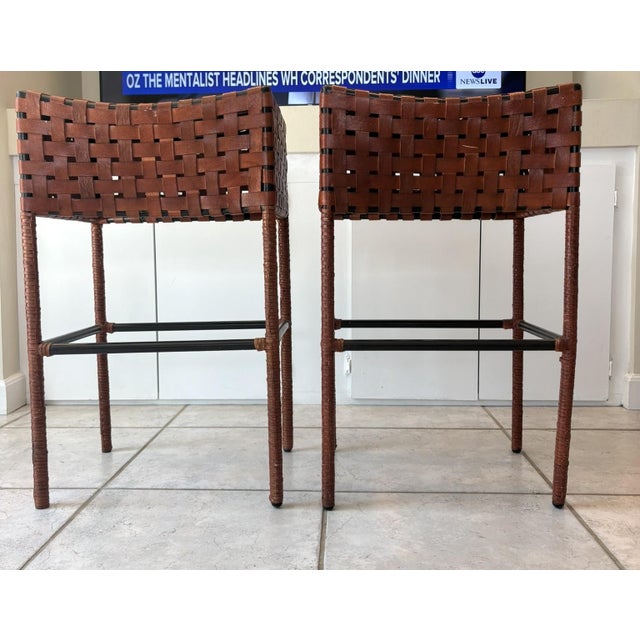 Contemporary Vintage Woven Saddle Leather Bar Stools - A Pair For Sale - Image 3 of 13