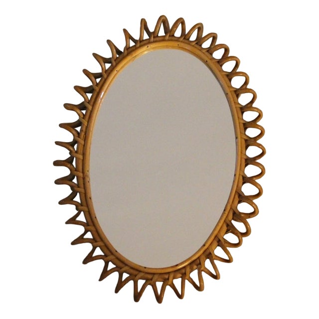 Round Wall Mirror in Rattan and Bamboo, 1960s For Sale