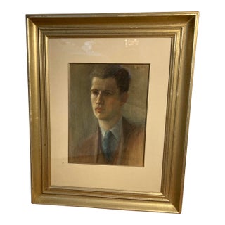 Vintage Original One of a Kind Portrait of a Man in Pastels on Paper in Silver Gilt Frame For Sale